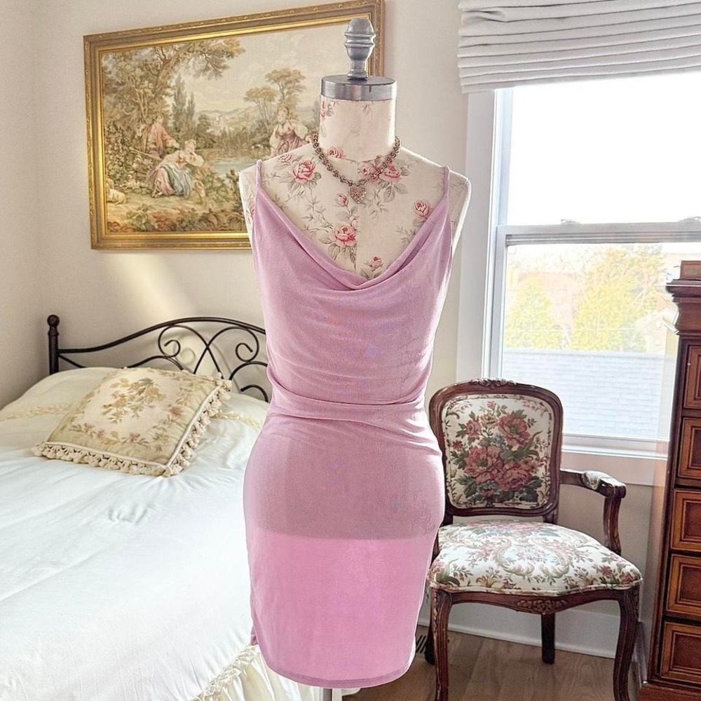 pink open back mini dress  y2k wearever cowl neck pink mini dress